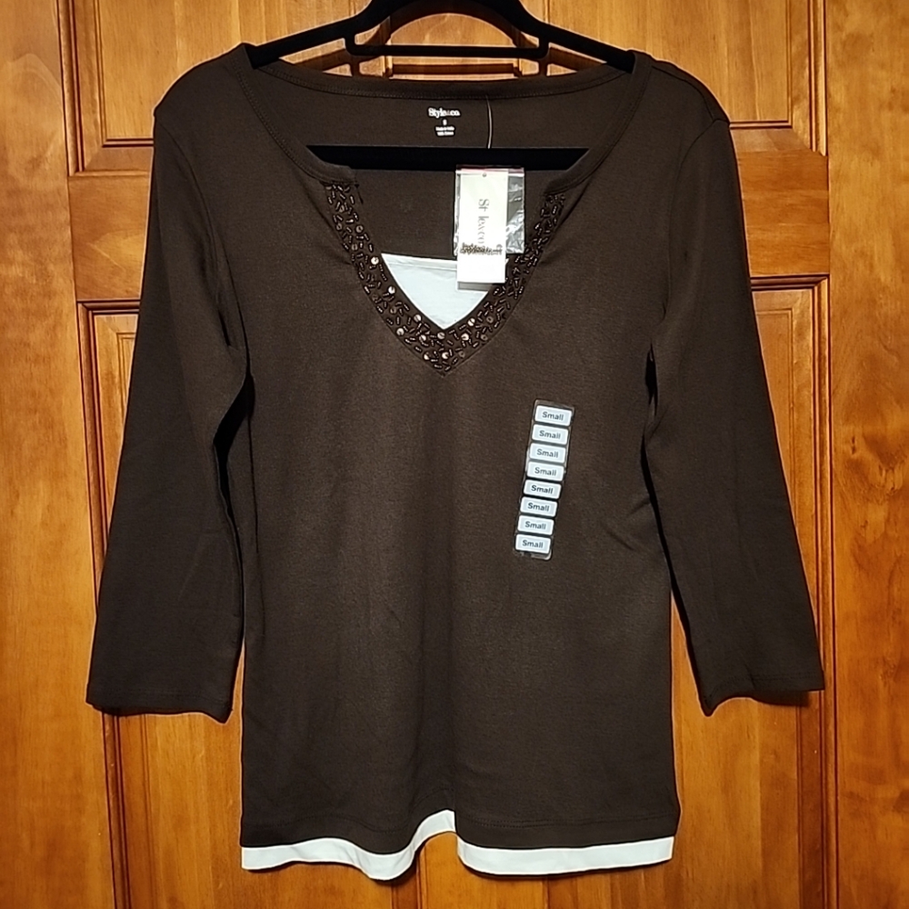 Style & Co. Brown 100% cotton 3/4 sleeve tagless top NWT